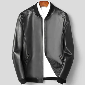 Куртка из натуральной кожи для мужчин, весенняя бейсбольная форма, Короткое приталенное красивое мотоциклетное пальто, манжеты с резьбой, тонкий крой