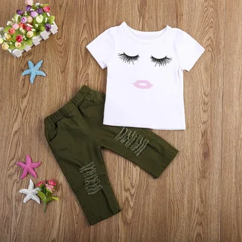 Мода 2021 года Для новорожденных девочек, Хлопковый пуловер с принтом ресниц, пуловер с коротким рукавом, Белая рубашка, Топы, Зеленые брюки, Комплект одежды из 2 предметов, Лето