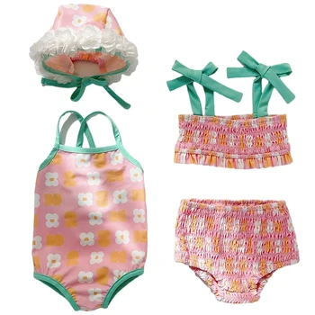 Летние Детские плиссированные купальники + шапочка для плавания, раздельные купальники для новорожденных девочек, Детская одежда для пляжного отдыха с цветочным рисунком в Корейском стиле