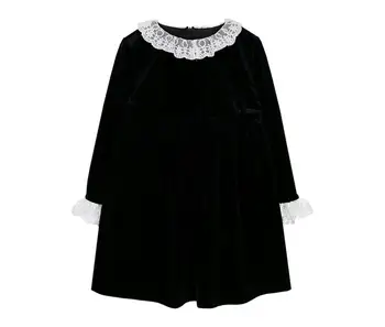 WR09174 2023 Элегантное бархатное черное платье с круглым вырезом и длинным рукавом, кружевное платье для девочек по последнему слову моды
