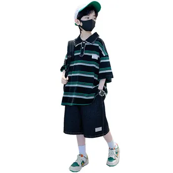 Хлопковый летний костюм для мальчиков, новая модная одежда 2023 года, Детская рубашка в Корейскую полоску с короткими рукавами и джинсовые шорты, комплекты одежды из 2 предметов