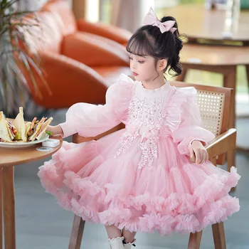 Сетчатое платье принцессы для девочек; детское осенне-зимнее милое сетчатое платье с длинными рукавами и аппликацией.