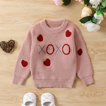 Свитера на День Святого Валентина для маленьких девочек, вязаный пуловер с вышивкой в виде сердца и букв Xoxo, топы, зимняя одежда