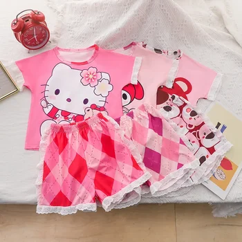 Пижамный комплект Sanrio hello kitty для девочек, новые шорты с коротким рукавом для мальчиков, пижамы kuromi, Летняя ночная рубашка, Хлопковая детская домашняя одежда