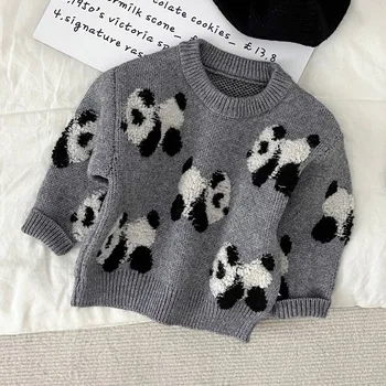 Детский повседневный свитер для девочек, одежда для мальчиков, осень-зима, новинка 2023 года, модные вязаные топы-пуловеры с рисунком панды из мультфильма с длинными рукавами