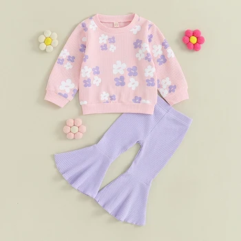 Осенние наряды для маленьких девочек из 2 предметов, Пуловеры с длинными рукавами и цветочным принтом, топы + расклешенные брюки, Комплект весенней одежды для малышей