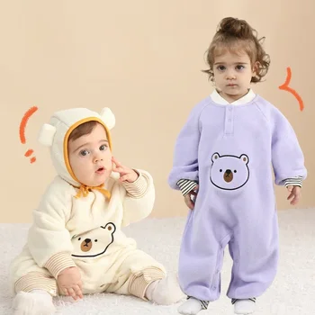 0-2 года Осенне-зимняя детская одежда Теплый джемпер с рисунком Медведя, толстая пижама, Детский комбинезон с лианами