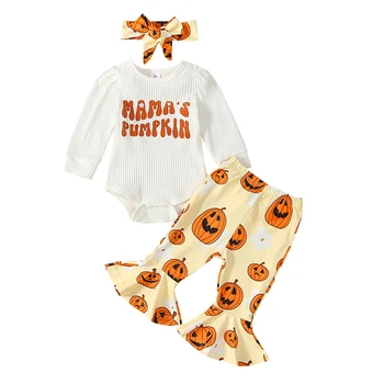 Одежда для новорожденных девочек на Хэллоуин, топ с принтом тыквы и расклешенные брюки, наряд с буквами, осенне-зимняя одежда