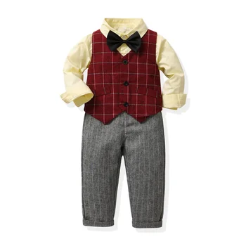 Брюки, рубашка, жилет для мальчиков, джентльменский галстук-бабочка с длинными рукавами, костюм джентльмена, комплект из четырех предметов для детей, бутик одежды