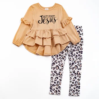 Осенне-зимний наряд для маленьких девочек Girlymax, Леопардовые брюки, Комплект с оборками Firt Jesus, Хлопковая детская одежда