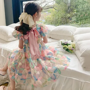 Платье с цветочным рисунком для девочек постарше, летнее повседневное платье с кружевным цветочным рисунком, модная одежда А-силуэта цвета радуги, бутик одежды