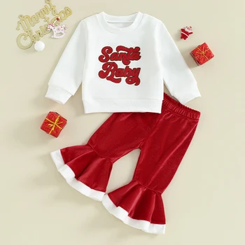 Рождественский наряд для маленьких девочек, толстовка с длинными рукавами и нечеткой вышивкой с надписью, бархатные расклешенные брюки, комплект из 2 предметов