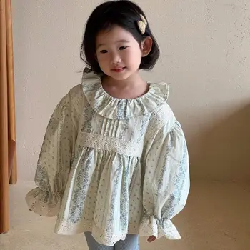 7433 Детская одежда, блузка с цветочным рисунком, осень 2023, Новая Корейская модная кружевная рубашка в стиле пэчворк для девочек, милая кукольная рубашка, топ