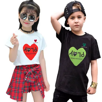 Летняя детская футболка с вышивкой в виде сердца, хлопковая повседневная футболка с круглым вырезом и коротким рукавом для мальчиков и девочек с прямым рукавом