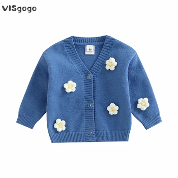 Вязаный кардиган VISgogo для маленьких девочек с 3D цветочным декором, V-образный вырез, длинный рукав, пальто на пуговицах на весну-осень