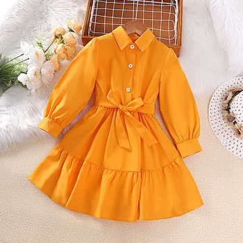 Детское повседневное платье для девочек, одежда 2023, весна-осень, новое желтое платье-рубашка принцессы с длинными рукавами для малышей, модное платье для детей 2-8 лет