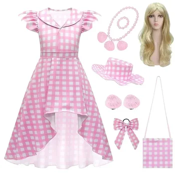2023 Костюмы для косплея Movie Barbi Pink Girl Детское Розовое клетчатое платье для вечеринки в честь дня рождения, платье принцессы, костюм для косплея на Хэллоуин