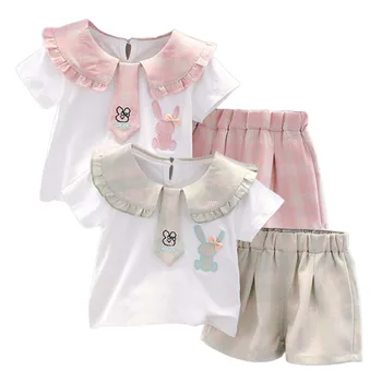 Летняя одежда для малышей, галстук с лацканами в клетку с рисунком кролика, подарок для новорожденной девочки, подходящая одежда для малышей и девочек, спортивная одежда для девочек