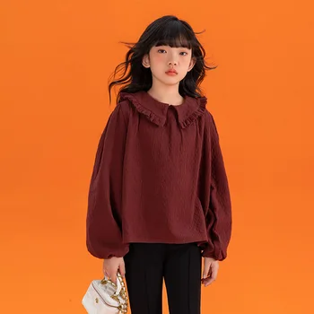 Милые рубашки для девочек 8-10 лет С кружевным воротником, Элегантные детские топы, Осень 2023, Детская одежда