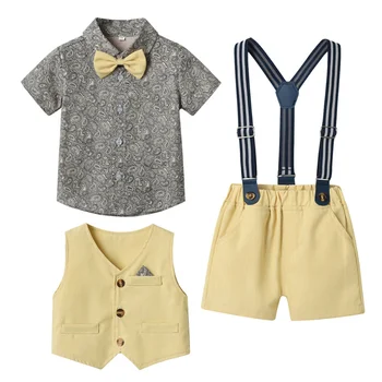 Рубашка с короткими рукавами, пояс, шорты, костюм, жилет, кардиган, комплект из 4 предметов, весенняя одежда для маленьких детей 2023 года для мальчиков 3-8 лет