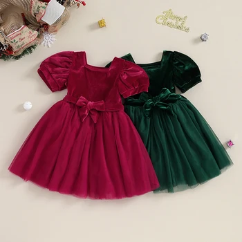 Рождественское детское платье для девочек, однотонное короткое платье с квадратным вырезом и пышными рукавами, Летние многослойные повседневные платья принцессы из тюля