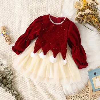 Осенне-зимнее детское платье, Рождественское платье принцессы для девочек, дошкольное платье С длинным рукавом, Флисовая сетка с пайетками, милая повседневная одежда