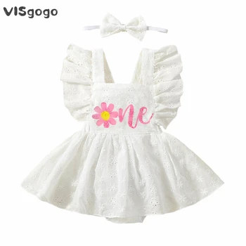 VISgogo/ Комбинезон для маленьких девочек, летняя одежда из 2 предметов, платье-комбинезон с рюшами, рукавом и вышивкой на спине, с повязкой на голову, комплект для дня рождения ребенка