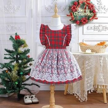 Повседневное красное платье в клетку для маленьких девочек от 3 до 8 лет, рождественские платья из фатина с летящими рукавами и вышивкой в стиле пэчворк