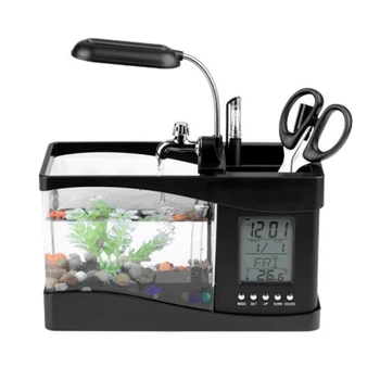 Настольный мини-аквариум со светодиодной подсветкой, ЖК-дисплеем и часами, украшение аквариума камушками