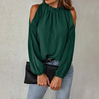 Женские весенне-осенние топы 2023, модный зеленый топ с длинным рукавом и открытыми плечами, Элегантные блузки с круглым вырезом, женские повседневные рубашки