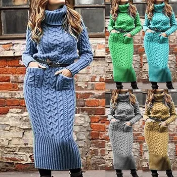 Осень /Зима 2023, вязаное платье с длинным рукавом и отворотом, женский пуловер с карманом, однотонное облегающее платье