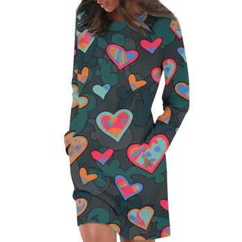 Женское платье-толстовка с принтом в виде сердца на День Святого Валентина, теплое спортивное платье с длинным рукавом и круглым вырезом, повседневные спортивные платья для женщин