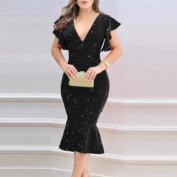 Женское сексуальное свободное платье с V-образным вырезом и блестящими рукавами-цветочками, блестящее платье-русалка, платья элегантные женские платья для вечеринки vestido