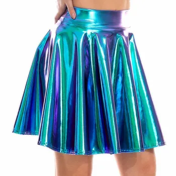 Летняя сексуальная лазерная Мини-юбка из искусственной кожи с высокой талией для клубных вечеринок, танцев, блестящие голографические юбки Harajuku JK, плиссированные юбки с металлическим рисунком