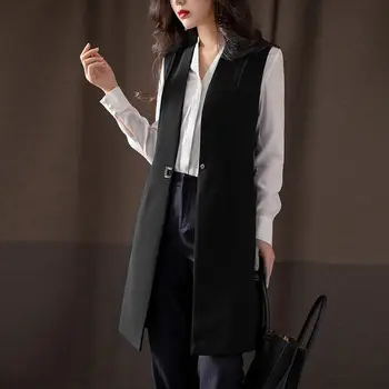 Модный весенне-осенний офисный блейзер-жилет для женщин 2024, новая мода средней длины, тонкое пальто без рукавов, женский жилет, куртка, женская