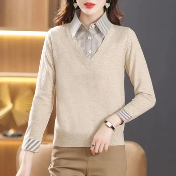 Женский пуловер-свитер 2024 Осень-зима, женский свитер-двойка, Корейская версия, Тонкие Женские нижние топы