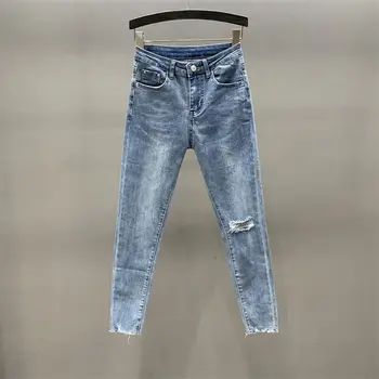 CINESSD Джинсы для женщин 2023, Новые популярные облегающие брюки-карандаш в гонконгском стиле с высокой талией, рваные укороченные брюки с завязками на щиколотках