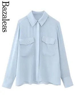 2023 bazaleas store traf Осенняя женская блузка с заклепками, синие пуговицы с карманами, приталенная рубашка, шифоновая официальная женская одежда