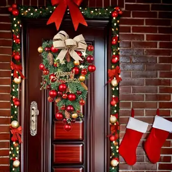 Украшенный бантом дверной венок Праздничное украшение двери Изысканный Рождественский дверной венок с шариковым бантом Праздничный праздничный декор спереди