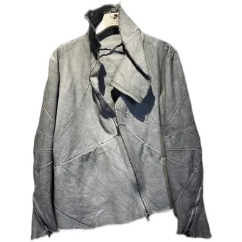 Деконструкция, Асимметричный Пошив курток, Холодное окрашивание, Дизайн, мужское пальто на молнии в стиле ретро с потертостями