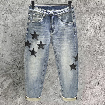 Джинсы с вышивкой в виде американской звезды, Эластичные Свободные брюки Для мужчин, Эластичные Выстиранные Прямые брюки Pantalon Vaqueros Hombre