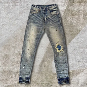 Роскошный дизайн, узкие джинсы с рваными дырками, брюки, Европейские мужские джинсовые брюки, Итальянские рваные джинсы, мужские джинсовые брюки высокого качества